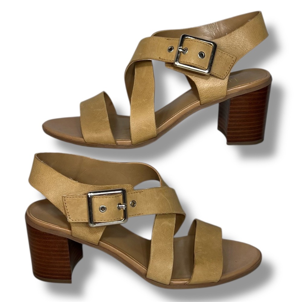 Franco Sarto Helga Tan Leather Block Heel Slingback Sandals Women US 8 EUR 38